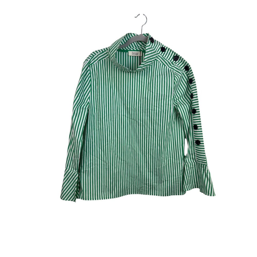 Benaar LA Blouse Women Small Green Striped New Button Shoulder High Neck CT2290